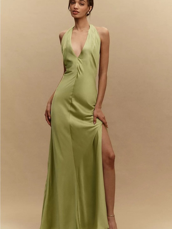 Anthropologie Dresses & Skirts - NWT BHLDN Celeste Plunge Satin Green Maxi Dress | Anthropologie